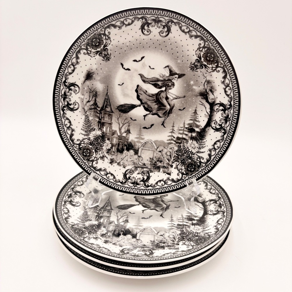 Eaton Fine Dining Witch and Broom Halloween Salad Plates Set of 4 Black White 8"